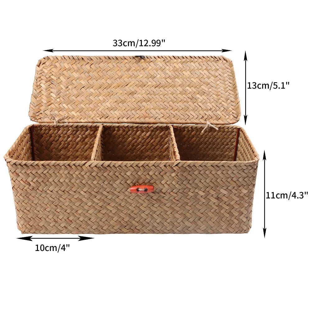 Hand Woven Storage Baskets With Lid Dust Clothing Storage-Box Rectangular Wardrobe Container Sundries Organizer 3 Grids